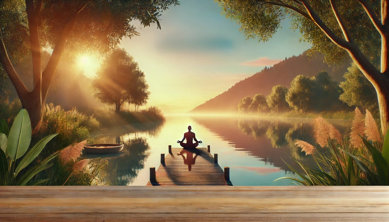 A Serene Lakeside Scene At Sunrise With Soft, Warm Light Reflecting On The Water. A Person Sits Peacefully On A Wooden Dock In A Meditative Pose, Surrounded By Lush Green Trees And Gentle Hills, Creating A Tranquil And Calming Atmosphere.