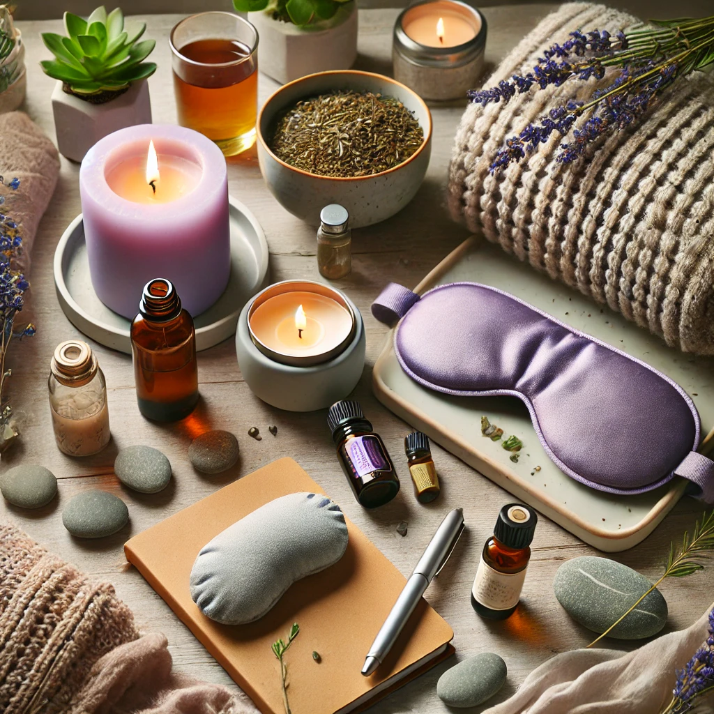 Flat-lay image of stress-relief and relaxation products, including a lavender-scented candle, essential oils, a soft eye mask, herbal tea bags, a journal, and a cozy blanket on a wooden surface with greenery accents.