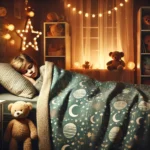 Child Sleeping Under A Weighted Blanket In A Cozy, Softly Lit Bedroom With Fairy Lights And A Stuffed Animal Nearby